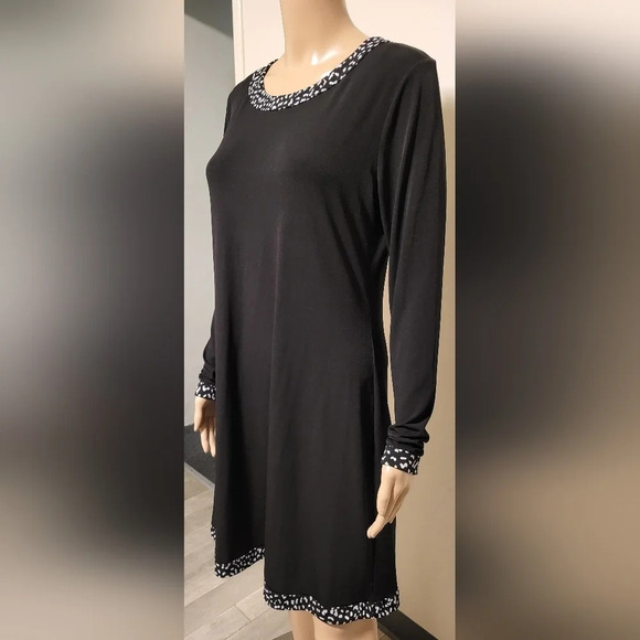 Michael Kors Black Black/White Animal Print Trim Long Sleeve Dress (Size L) - Picture 3 of 7